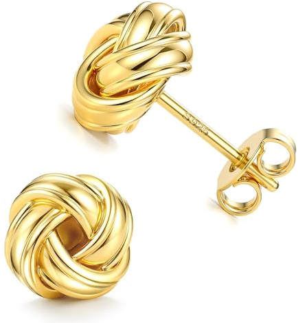 JeweBella Pendientes Oro para Mujer Niñas Chapada en Oro de 14K Plata de ley 925 Aguja Pendientes Nudo de Amor Dorados/Plata