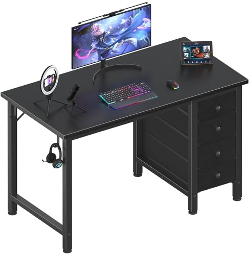 Lufeiya Black Small Office Desk with 4 Fabric Drawers -Kids Girls Teen Study Desk for Bedroom, Reversible Work Computer Writing Table Desks 100cm for Small Space Home Office