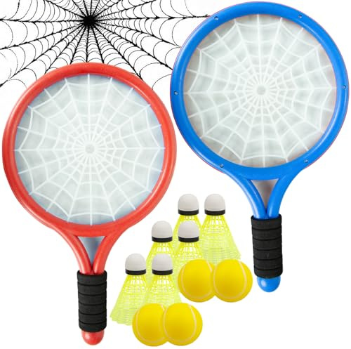 Ppbmocw Kids Tennis Rackets For Toddler Over 3 Years Old, Kids Tennis Set Including 8 Badmintons, 4 Foam Balls And 1 Carrying Bag (Red&Blue)