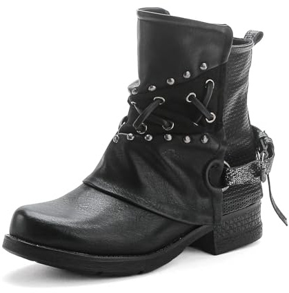 Pogolino Bottines à lacets pour femmes avec rivets Bottes de motard zippées plates et confortables ST016, 41 EU