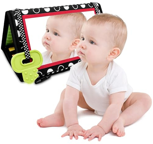 Lixiluxia Babyleksak, 0–3 månader, svartvit babybok, babyspegel, babyspegel, baby uppvaknande spel 0–6 månader, Montessori-spegel, sensoriska leksaker med tandring, leksak med kontrastmönster