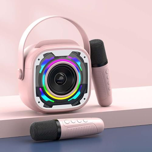 PKBD Mini Machines de Karaoké avec 2 Microphones pour Enfants, Enceinte Bluetooth Portable sans Fil avec Support Téléphone/Lumière Dynamique/Effets de Changement de Voix, Rose