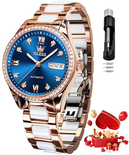 OLEVS Automatikuhr für Damen, selbstaufziehend, Diamant-Armbanduhr, luxuriöses Kleid, Roségold, Keramikuhr für Frauen, Liebe, Herz, Datum, 6637: Blau, Armband
