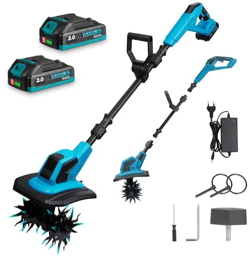 Yofidra Motoazada Inalámbrica - Cultivador de 600W con 23cm de Ancho de Trabajo, 17cm de Profundidad, 2x2.0Ah Baterías, 4x12 Cuchillas para Cultivo de Suelo, Motoazada Eléctrica para Jardín