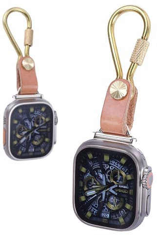 pamovolio Brass vegetable tanned leather for apple watch 123456789se10s ultra 49mm Fob Keychain Clip Pocket watch 46/45/44/42/41/40/38mm Backpack pet dog Carabiner sport bands(41/40/38/42mm(series10) Brass buckle+brown vegetable tanned leather)