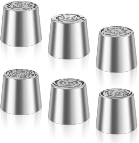 6Pcs Russian Piping Nozzles Extra Large, Stainless Steel Russian Piping Tips Set, Flower Shaped Frosting Nozzle Kit for Cake Decorating Icing Cream Flower Bouquet DIY Cookies