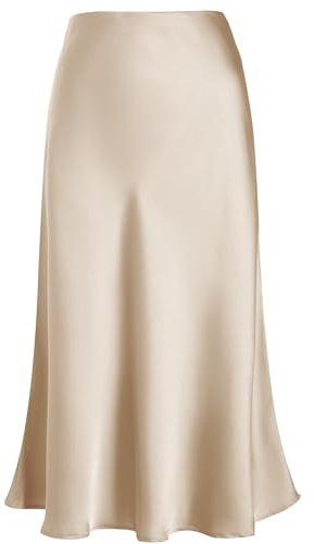 Eisnnu Women's Satin Skirt High Waist Silk Solid Color Skirts Plus Size A-Line Midi Zipper Fishtail Skirts for Job Party (UK, Alpha, M, Regular, Regular, Champagne)