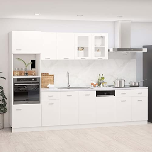 QJBSAVVA 7-TLG. Angolo cottura Lione Bianco Materiale in legno con armadio a microonde, pensili e mascherina per lavastoviglie, design moderno per l'organizzazione della cucina