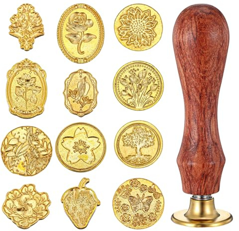 13Pcs Wax Seal Stamp, Wax Seal, Wax Stamp Classic Sealing Head with Wooden Handle, Wax Seal Stamp Kit for Party Wedding Invitation Cards Envelopes Gift Wrapping Decoration Items