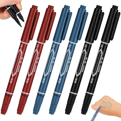 6 pennarelli per tatuaggi per pelle 5.4 Penna all'henné a doppia testa con punta spessa e fine Pennarelli per pelle portatili per tatuaggi, rosso + nero + blu - penna per