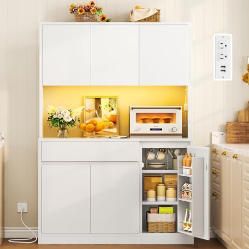TEENFON Pantry Cabinet with Charging Station and LED Light, Kitchen Pantry Cabinet with Microwave Stand, Kitchen Storage Cabinets with Adjustable Shelves and Door Shelves for Dining Room, White