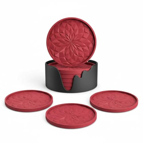 Posavasos de Silicona con Soporte, Set de 6 Rojos, Antideslizantes y Resistentes al Calor, Aptos para Lavavajillas – para Bebidas, Café, Tazas, Cocina, Bar y Salón, Protección de Mesa