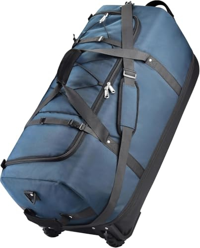 XWFB Rolling Duffle Bag with Wheels,110L/140L Expandable Soft-Sided Foldable Duffle Bag with 2 Rubber Wheels,Packable 32” Rolling Carry-On with Multi-Pockets & Compartments (Dark blue)