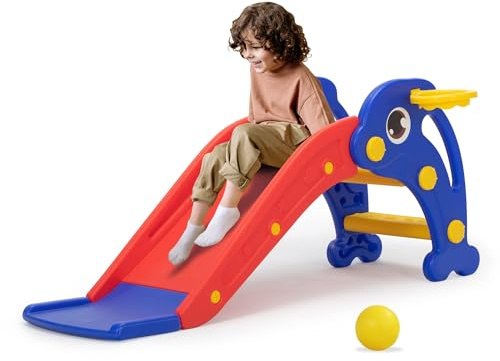 3 in 1 Toddler Slide for Boys Girls Age 1-3, Baby Slide Plastic Climber Playset with Basketball Hoop and Ball, Indoor Slide and Outdoor Playground Slide for Kids (3-in-1 Dolphin BLUE)
