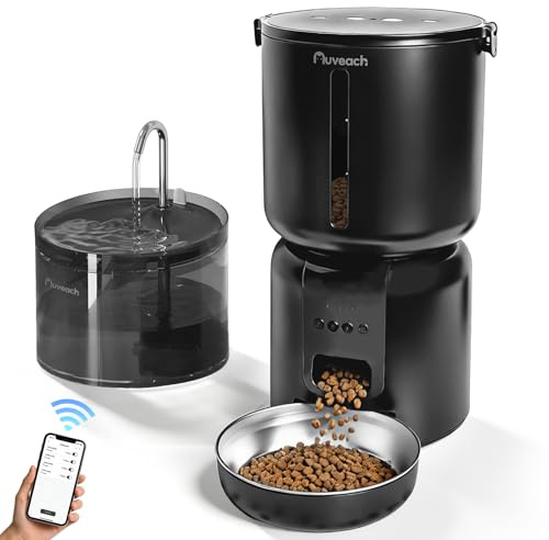 Auveach Distributore Automatico Cibo Gatti e Fontanella Set - 4L 2.4G WiFi Dispenser Crocchette Gatto con Timer Programmabile 1-10 Pasti al Giorno, Ciotola Inox 304, 2.2L Fontana per Gatti (Nero)