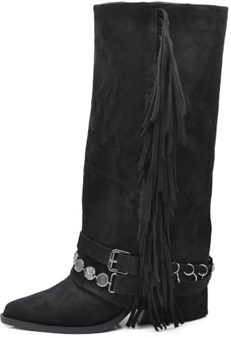 IF Stivali Texani da Donna Cowboy Cowgirl in Camoscio Sintetico con Frange Catene e Fibbie Stile Camperos boho con Ghetta GA057 Nero N.40