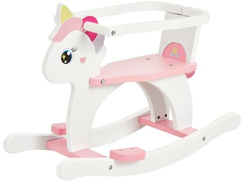FUNLIO Cavallo a dondolo in legno Unicorno 0,5-3 anni, con recinzione e schienale rimovibili, cavallo a dondolo per bambini facile da assemblare, certificato CPC – Rosa