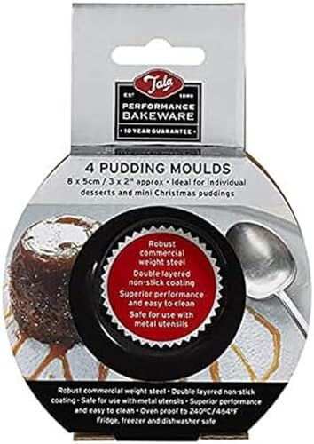 Tala Performance 4 Mini Pudding Moulds, 9.2x9.2x5.06 cm, made from Professional Gauge carbon steel with Eclipse Premium Non-Stick Coating; Cake Moulds, Ideal for sponge and Christmas puddings