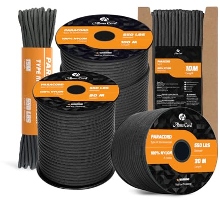 Abma Cord 550 Paracorde 4mm 30m Type III Corde 100% Nylon 7 Brins pour Bracelet, l'artisanat, Survie, Extrieur - Max. 250 kg - Noir