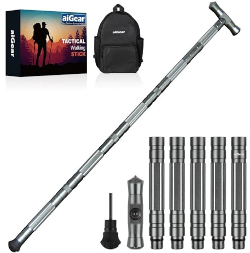 aiGear Bastone Tattico/Bastoncini Trekking | CNC Lavorato Alluminio Tactical Bastoni | Lunghezza Regolabile | per Escursionismo Campeggio Montagna Zaino