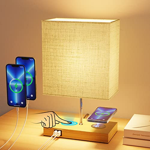 Bordslampa med beröringskontroll och trådlös laddning, 3-vägs dimbara sängbordslampor, 2 USB-laddningsportar, nattdukslampor med Flaxen Fabric Shade för sovrum vardagsrum, E27 LED-lampor ingår GLUROO
