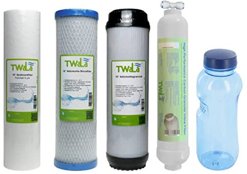 TWaLa GRATIS Tritan Trinkflasche 0,5L + Wasserfilter Set 10 4-teilig Ersatzfilter Umkehrosmose Anlage RO Sediment Aktivkohleblock Aktivkohlegranulat 3 Vorfilter Granulat + Nachfilter