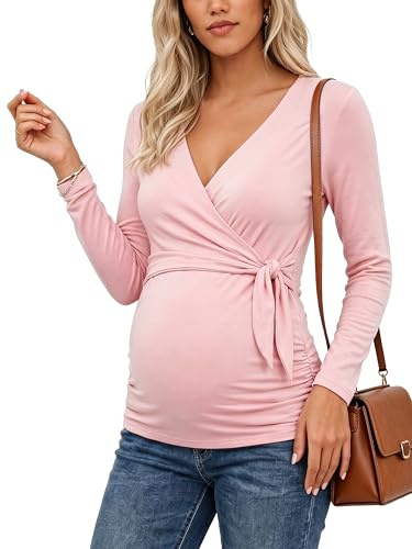 Love2Mi Camiseta de lactancia de manga corta para mujer, camiseta de maternidad, cuello en V, para embarazadas, Rosa oscuro-largo, M