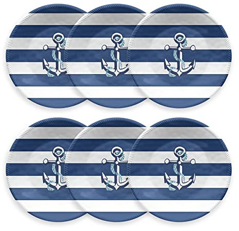TarHong Nautical Anchor Salad Plate, 8.5, Pure Melamine; Navy and White, Set of 6