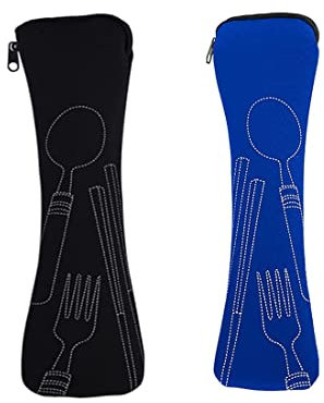 Bestecktasche für Unterwegs, 2 stück Tragbare neopren picknick Bestecktaschen Geschirr Camping leer kinder Schule waschbar Besteck to go,Bestecktasche, Tragbare Bestecktaschen（Blau/Schwarz）