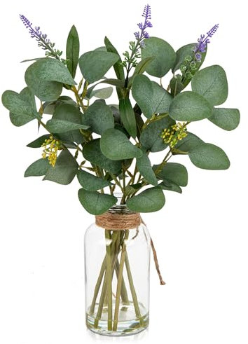Künstliche Eukalyptus Stämme in Klarglas Vase mit Faux Wasser, 15 Fake Pflanze Eukalyptus Blätter mit Lavendel für Home Office Bauernhof Hochzeit Mittelstück Dekoration