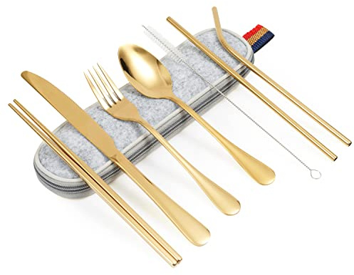 Göffel Resebestick, 8 stycken rese- och picknickrätter 1 person, diskmaskinssäker, inklusive kniv, gaffel, sked, ätpinnar, rengöringsborste, sugrör med bärväska, ljusbeständig (guld)