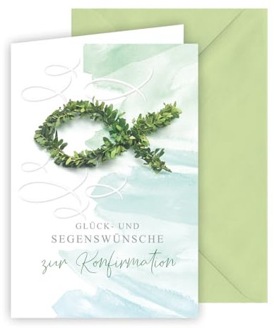 KE - Ansprechende Glückwunschkarte zur Konfirmation für Jungen und Mädchen, inkl. Umschlag, DIN B6 Format, Konfirmationskarte, Motiv ist erhaben, Motiv: Fisch aus Efeu