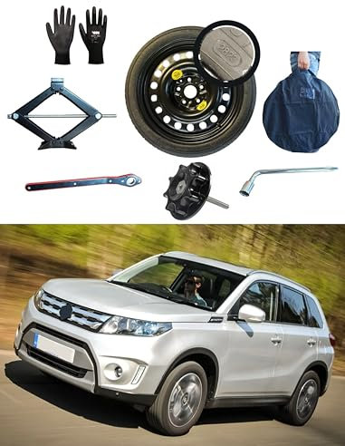 Kit Roue de secours 17 compatible avec Suzuki Vitara avec Cric, Clé, Vis, Gants et Sac 135/80R17