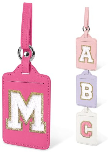 Personalized Initial Luggage Tags for Suitcases, Cute PU Leather Travel Letter Luggage Tags,Suitcase Identifier Name Baggage Tag,Bag Tags for Men Women Kids Luggage Handbags(Rosered-White M)