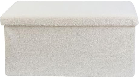 DANIEL JAMES Housewares Folding Ottoman Storage Box – Large Padded Footstool or Storage Chest with Lid for Bedroom, Hallway, Living Room - Corduroy or Teddy Boucle (White, Teddy Boucle)