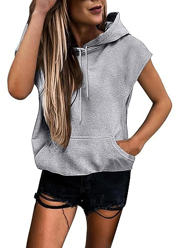 Sweat à capuche sans manches pour femme - T-shirt d'été à manches courtes - Couleur unie - Avec cordon de serrage