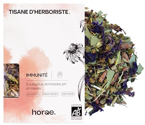 Horae - Tisane immunité bio vrac - Infusion d'eucalyptus, échinacée, pin et mauve - Tisane bien-être pour renforcer vos défenses immunitaires - Tisane d'herboristes produite en France
