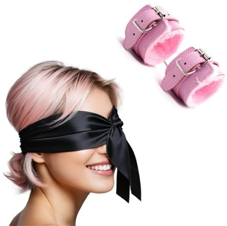 Kit benda maschera occhi in raso - set di manette in raso - benda nera maschera occhi in raso - manette regolabili bracciale in raso - maschera occhi in raso (Rosa)