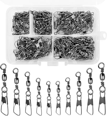 ZWQLZG 150 Stück Angelzubehör Wirbel Angeln, Angelwirbel Mit Kugellagerwirbel, Edelstahl Wirbel, Angeln Drehgelenk, kugellager Wirbel Angeln Snap 5 Größ 6# 8# 10# 12# 14# (Type A)