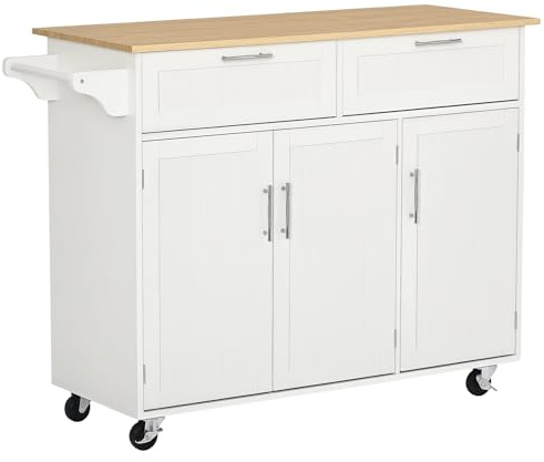 HOMCOM Isla de Cocina con Ruedas Carro de Cocina Mueble Auxiliar de Cocina con 2 Cajones 3 Puertas y Barra Lateral para Comedor 121x46x91 cm Roble y Blanco
