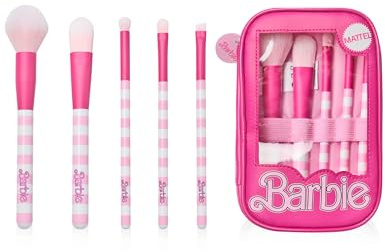 Barbie Women's Makeup Brush Set | Beauty Blenders with Storage Case Zip Up in Pink | Striped Soft Beauty Face Brushes and Clear Window Makeup Bag | Cartoon Doll Movie TV Series Merchandise Gift