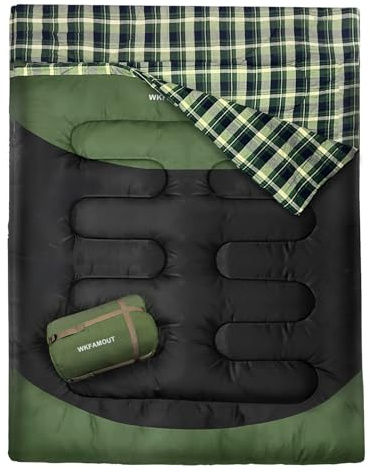 WKFAMOUT Cotton Flannel Double Sleeping Bag for Adults Machine Washable 2 Person Camping Sleeping Bag Queen Size Waterproof with Compression Sack for Cold Weather 3-4 Seasons