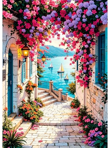 DPHERO DIY Landschaft Diamant Painting Kits Bilder für Erwachsene Anfänger,5D Bunte Blumen Diamond Painting Set,DIY Runde Steine Meer Straße Diamant Kunst Kits, Diamond Art für Zuhause Dekor 30x40 cm