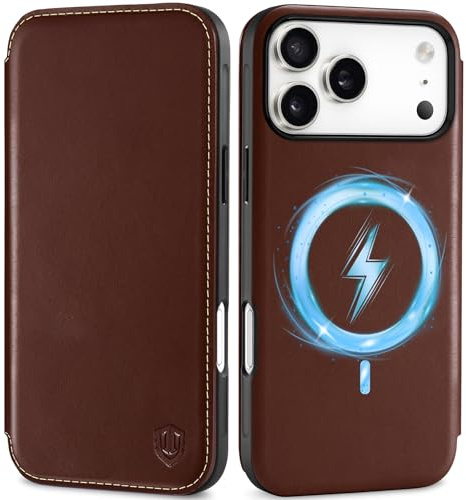 SHIELDON tunn fodral för iPhone 18 Pro Max/17 Pro Max 6,9 5G, retro kaffe | Äkta läder, magnetisk stängning, trådlös laddning, 3 kortfack, RFID-blockerare, vikfodral, stöttåligt fodral