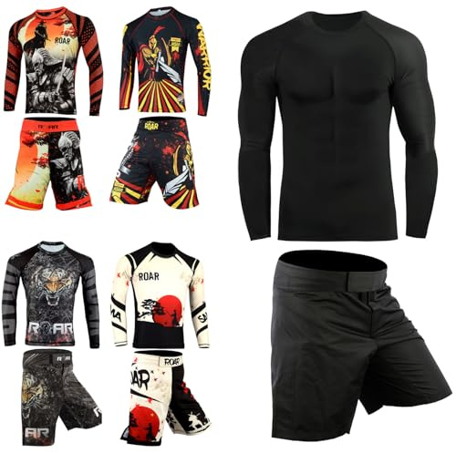 ROAR-INT 2Pcs No Gi BJJ Men Rash Guard Set, MMA Shorts Grappling Jiu Jitsu Gym Training Athletic Muay Thai Compression Set (Black-FS, X-Large)