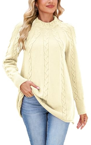 Famulily Chunky Cable Knitted Jumpers for Women Ladies Long Sleeve Mock Neck Winter Sweater Top (L, Beige)