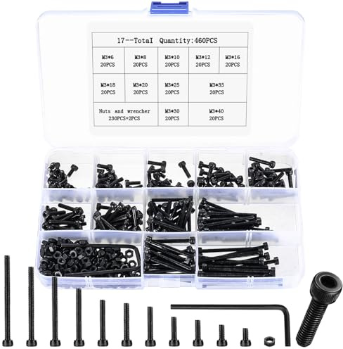 Lot de 460 vis cylindriques M3 - Écrous à tête cylindrique noire - Vis à tête hexagonale et rondelles, vis à six pans creux avec écrous, assortiment de vis de machine