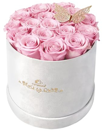 Cyrabota 16 Pink Preserved Flowers in Round Gift Box, Forever Flowers Eternal Roses for Mother's Day, Birthday, Anniversary, Valentine's Day Gifts for Women Light Pink