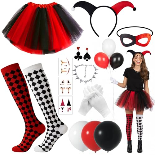 CHMMY Disfraz de Carnaval Mujer, 13 piezas Disfraz Cosplay Quinn con Tutú, Collar, Diadema, calcetines Pendientes y Pegatinas de terror, ideal para Adultos Halloween Carnaval Fiestas y Cosplay