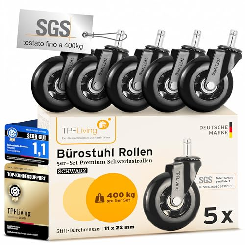 TPFLiving Bürostuhl Rollen Ersatzrollen für Parkett, Teppich, Hartboden 11x22 mm schwarz – höchste Belastung bis 400kg – Invictus ProGlide 5er-Set Bürostuhlrollen
